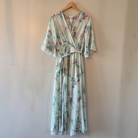 Kate & Lily Floral Print Garden Boho  Feminine Maxi Belted Light Green Dress 6 - Picture 13 of 16